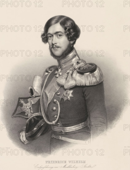 Friedrich Wilhelm, Erbgrossherzog von Mecklenburg-Strelitz, Portrait of Frederick William, Grand Duke of Mecklenburg-Strelitz, print, printmaker: Julius Giere, after drawing by Conrad L'Allemand, publisher: Julius Giere, Hannover, 1817 - 1880, Julius Giere, Conrad L'Allemand, publisher, Lower Saxony, paper, chine collé, lithography, height 545 mm x width 387 mm, Person, Frederik Willem van Mecklenburg-Strelitz, historical persons, adult man, beard, A monochrome lithographic portrait of a young man shown from the waist up wearing an ornate military uniform with braided cords and a high collar, shoulder epaulet with fringe and decorative tassels, and a sash across his chest; he has wavy hair styled to the sides, a short mustache and beard, and is holding a plumed helmet decorated with an eagle motif and a star-shaped emblem; various medals and buttons are visible on his coat, and the background is plain with soft shading.