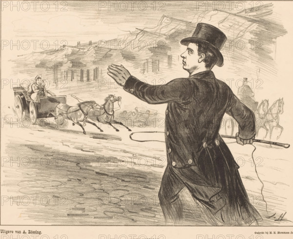 Famous contemporaries: Anton Kabelaar, cartoon, print, Anton Kabelaar brought the runaway horses of Queen Emma and Princess Wilhelmina's carriage to a halt in 1887. This print was published by De Lantaarn., printmaker: Jan Holswilder, Netherlands, printer (person): MH Blommers, The Hague, publisher: Adriaan Rössing, 1887, Jan Holswilder, MH Blommers, Adriaan Rössing, printmaker, printer (person), publisher, paper, lithography, height 226 mm x width 335 mm, This print was published by De Lantaarn. The Hague, Rössing, 1889, 3rd year. no. 6., Person, Wilhelmina of the Netherlands, Emma (Queen consort of the Netherlands), political caricatures and satires, accident with four-wheeled, animal-drawn vehicle, eg: cab, carriage, coach, bolting, running away (, horse), A charcoal-style drawing shows a man in a dark coat and tall hat seen from behind and in profile, one arm extended forward with an open hand and the other holding a whip; he stands on a textured surface that suggests a road. In fr...