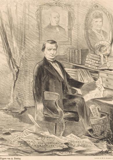 Portrait of Conrad Busken Huet in his study, In memory of Cd. Busken Huet, print, The sitter sits behind his desk surrounded by books and papers referring to his publications. On the wall are two portraits, including one of Everhardus Johannes Potgieter. This print was published by De Lantaarn., printmaker: Jan Holswilder, Netherlands, printer (person): MH Blommers, The Hague, publisher: Adriaan Rössing, 1886, printer (person), paper, lithography, height 335 mm x width 260 mm, This print was published by De Lantaarn. The Hague, Rössing, 2nd year. no. 10., Person, Conrad Busken Huet, writing-table, writing-desk, historical persons (full length portrait), portrait of a writer, A man in a dark suit sits in a wooden chair beside a cluttered desk, holding a sheet of paper and looking forward with a neutral expression; the desk surface and floor around him are scattered with papers and books, and a wastebasket beside his legs contains crumpled sheets. On the wall behind him are two framed po...