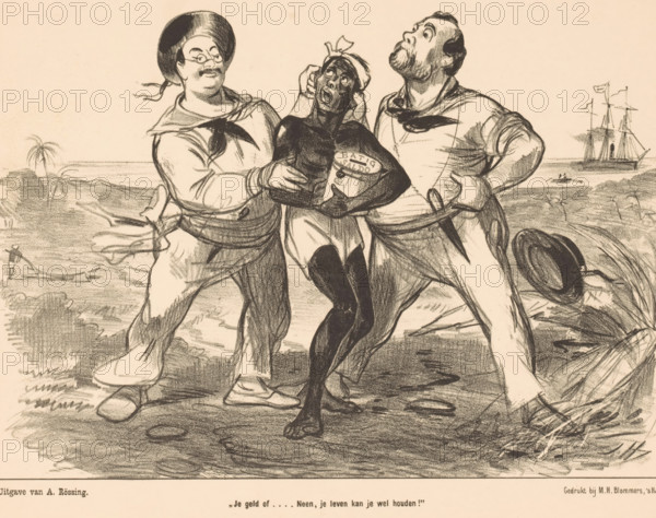 Cartoon about European extortion of non-Western countries, Two European men hold a black man, Financial politics, cartoon, print, The men hold the man by his ears. In his arms she has a piggy bank with the words: surplus on it. Below the print the quote: 'Your money or... No, you can keep your life!' This print was published by De Lantaarn., printmaker: Jan Holswilder, Netherlands, printer (person): MH Blommers, The Hague, publisher: Adriaan Rössing, 1887, printer (person), paper, lithography, height 255 mm x width 335 mm, This print was published by De Lantaarn. The Hague, Rössing, 3rd year. no. 19., political caricatures and satires, money-chest, treasure-chest, money-box, master, enslaved person, Three figures stand on a shoreline rendered in charcoal tones, with two light-skinned men flanking and restraining a dark-skinned person in the center; the flanking men wear sailor-like shirts with neckerchiefs and wide-brimmed hats, one holding the central figure by the shoulder and the ot...