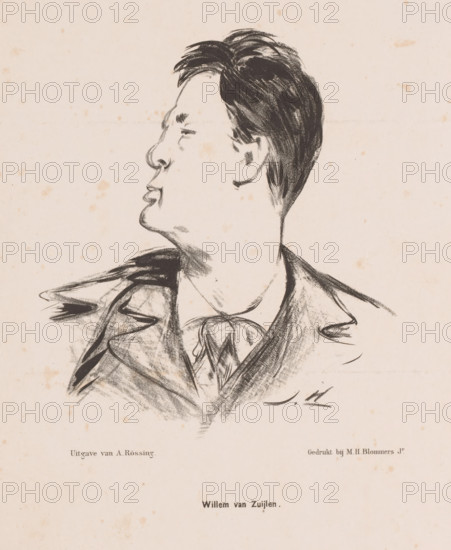 A celebrant, Portrait of actor Willem van Zuylen, cartoon, print, The sitter has turned his head to the left. This print was published by De Lantaarn., printmaker: Jan Holswilder, Netherlands, printer (person): MH Blommers, The Hague, publisher: Adriaan Rössing, 1885, printer (person), paper, lithography, height 340 mm x width 255 mm, This print was published by De Lantaarn. The Hague, Rössing, 1st year no. 24., historical persons ((full) bust portrait), A charcoal or ink sketch of a person in profile facing left, showing a short dark hairstyle with textured strokes, a pronounced nose and closed lips, a visible ear and jawline, and a neck leading to clothing that includes a jacket with broad lapels and a loosely tied neckerchief; the paper background is light with small scattered spots and faint creases.