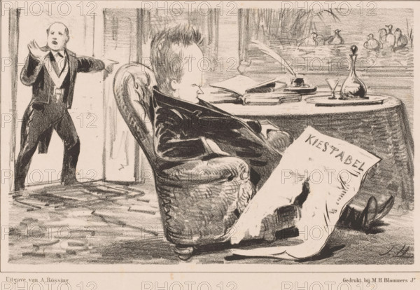 Cartoon regarding the separation of the Schiedam electoral district, The influence of Schiedam in the House of Representatives, cartoon, print, Prime Minister Van Heemskerk Azn. sits slumped and drunk in a chair. Before him lies a torn sheet of paper with 'Kiestabel' written on it. The title refers to the proposal to make Schiedam a separate electoral district. The caption refers to Herman Schaepman and his 'two drinks a day'. When he entered the House of Representatives in 1881, he delivered a fervent plea against the Liquor Act. Later, to everyone's surprise, he admitted that two drinks a day were indeed permitted to workers. These two drinks have since been referred to as 'Schaepmannetjes'. This print was published by De Lantaarn., printmaker: Jan Holswilder, Netherlands, printer (person): MH Blommers, The Hague, publisher: Adriaan Rössing, 1885, Jan Holswilder, MH Blommers, Adriaan Rössing, printmaker, printer (person), publisher, paper, lithography, height 260 mm x width 335 mm, T...