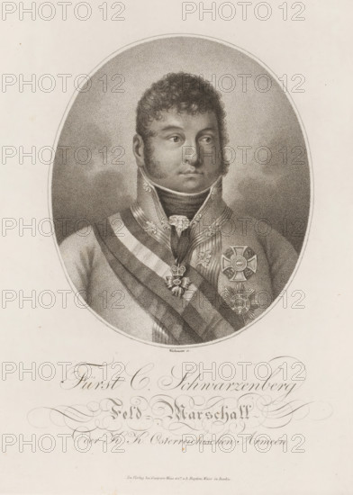 Portrait of Carl Philipp von Schwarzenberg, Bildnisse der berühmstromen Menschen aller Völker und Zeiten, Portraits of famous people, print, printmaker: Anton Wachsmann, Germany, publisher: Weiss et Co., Gaspare, publisher: Baptista Weiss, Berlin, 1800 - 1836, paper, engraving, stipple work, height 272 mm x width 207 mm, Person, Carl Philipp von Schwarzenberg, historical persons, A detailed oval portrait drawn in a stippled style shows a man from the chest up wearing a high uniform collar and ornate military decorations on his chest and sash; he has short curly hair, sideburns, and a composed facial expression, with shading suggesting a neutral background inside the oval and empty pale margins outside.
