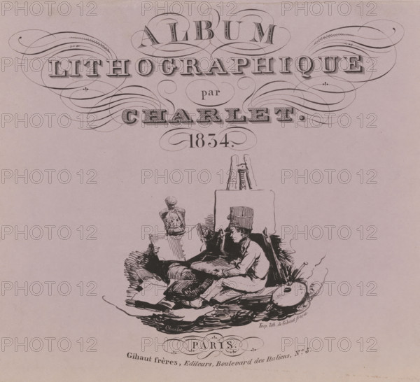 Cover for: Lithographic album 1834, Album lithographique par Charlet 1834, wrapper, Cover with eighteen prints, numbered 1 to eighteen., printmaker: Nicolas Toussaint Charlet, Paris, publisher: Gihaut frères, 1834, paper, pen lithography, height 247 mm x width 338 mm, boy (child between toddler and youth), calligraphy, easel, A decorative header with ornate swirling flourishes and large shaded ornamental lettering sits at the top of a pale pink page, above a black ink illustration of a seated figure wearing a tall hat and cloak, surrounded by scattered books, papers, cushions, and an artist's palette, with additional small decorative elements and a stylized oval emblem below the drawing.