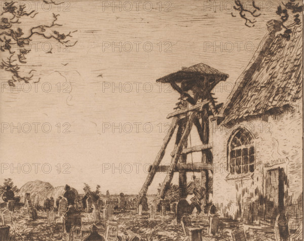 Church with churchyard and bell tower, Churchyard with bell tower, Giethoorn (original title), print, printmaker: Willem Bastiaan Tholen (signed by artist), 1870 - 1908, paper, etching, intaglio printmaking technique, height 165 mm x width 208 mm, churchyard, cemetery, church (exterior), church bell, A sepia-toned etching showing the roof and bell tower of a building with a steep, thatched roof and a tall wooden bell support structure, a rounded window with a lattice pattern set in the building wall, and a foreground filled with scattered grave markers and mounded ground; tree branches extend into the upper left, birds are sketched in the sky, and figures and small structures appear among the graves near the base of the bell tower.