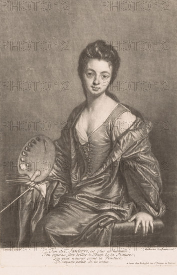 Portrait of Geneviève Blanchot as Painting, print, printmaker: Cathérine Duchesne, after painting by Jean-Baptiste Santerre, publisher: Pierre de Rochefort, Paris, 1745 - 1755, paper, mezzotint, height 294 mm x width 196 mm, Person, Geneviève Blanchot, historical persons, 'Pictura', symbolic representations, allegories and emblems, painting, 'Pittura' (Ripa), A seated woman with an upstyled hairdo and a soft facial expression wears a low-cut bodice and a voluminous draped garment with visible folds and sheen; she holds an artist's palette and brushes in one hand while the other hand rests on a cushioned surface, and the background is plain and textured.
