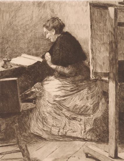 Reading woman at a table, print, printmaker: Leo Van Aken, 1867 - 1904, paper, etching, drypoint, intaglio printmaking technique, height 238 mm x width 189 mm, adult woman, reading, A sepia-toned sketch shows a seated woman in profile facing left, wearing a dark shawl over a lighter, textured skirt, her hair pulled back, hands clasped near her chest, a book or paper resting on a table beside a simple candlestick, and rough wooden furniture and floorboards surrounding her.