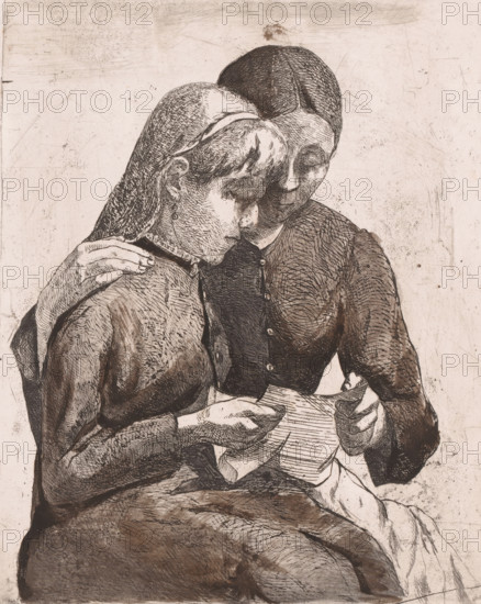 Two seated women reading a letter together, print, annotation: '2eme Eupreuve retouchée', printmaker: Willem Albracht (signed by artist), 1883, materials by function, paper, ink, etching, drypoint, intaglio printmaking technique, brush, proof worked with brush and ink, height 246 mm x width 198 mm, reading, the ages of man, A monochrome etching of two seated figures leaning close together, one with hair held back by a headband and wearing an earring, the other with short hair and a buttoned top; their faces are close and tilted toward each other, eyes closed or lowered. One figure's arm rests over the other's shoulder while both hands hold and look at a folded sheet of paper with visible lines. The clothing shows textured shading and crosshatching, and the background is lightly marked with scratches and smudges.