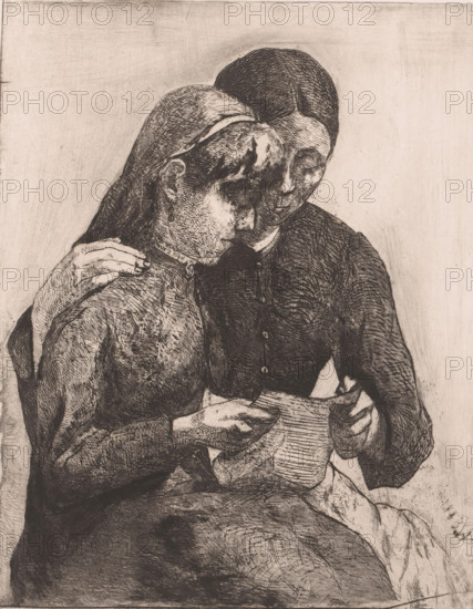 Two seated women reading a letter together, print, printmaker: Willem Albracht (signed by artist), 1883, paper, etching, drypoint, intaglio printmaking technique, height 246 mm x width 198 mm, reading, the ages of man, A monochrome etching of two seated figures shown from the waist up, one slightly behind the other and leaning close, their heads touching; both wear simple dark garments with textured shading, and one figure rests a hand on the other's shoulder while the other holds a folded sheet with visible linear marks; faces are rendered with crosshatched lines and closed or downcast eyes, hair is dark and smoothed, and the background is plain with faint scratches and tonal variations.