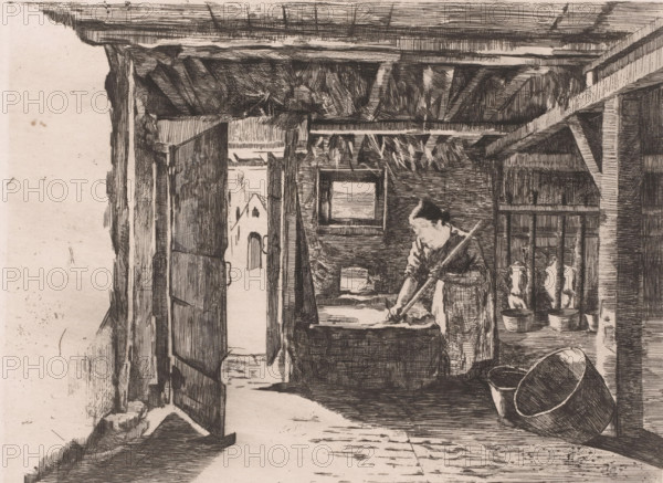 Woman at work in a stable, print, annotation: '1. Etat', printmaker: Willem Albracht (signed by artist), 1871 - 1909, paper, pencil, etching, intaglio printmaking technique, proof print with some added pencil hatching, height 199 mm x width 262 mm, farm or solitary house in landscape, cattle-breeding, livestock industry, An interior scene rendered in fine linear etching shows a rustic room with exposed beams and wooden posts, an open doorway leading outside to a simple building silhouette, a woman standing at a large wooden tub or basin holding a long pole as she leans over the water, a small window set in the wall behind her, hanging items or bundles suspended from a beam above, shelves and vertical slats against the far wall with three rounded objects sitting in shallow containers, a large tilted wooden bucket in the foreground, rough plank floorboards, and varied cross-hatched shading throughout the walls and ceiling.