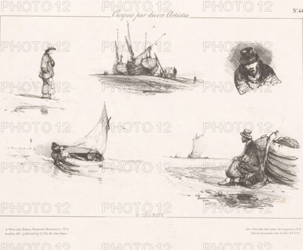 Fishermen and fishing boats on the beach, Macédoine (bateaux et pêcheurs), Sketches by various artists, Croquis par divers Artistes, print, Series number, 44, 70, printmaker: Eugène Isabey, printer (person): Joseph Rose Lemercier, Paris, publisher: Henri Rittner, publisher: Jean Fréderic Ostervald, publisher: Charles Tilt, London, 1830, printer (person), paper, lithography, height 252 mm x width 313 mm, beach, sailing-ship, sailing-boat, sea and coastal fishery, A pale sheet with multiple charcoal sketches showing small sailboats on water, a cluster of larger beached boats with masts, a standing figure in a hat and loose clothing facing left, a seated man in a hat leaning against a boat with folded arms, a close-up portrait of a man wearing a hat and scarf shaded heavily, a small boat with a raised sail and two seated figures inside, and a distant sail on the horizon, all rendered in soft gray tones on a light background.