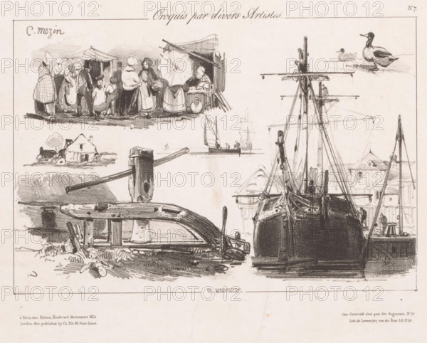 Various sketches of sailor life, Sketches by various artists, Croquis par divers artistes, print, Series number, 7, printmaker: Charles Louis Mozin, printer (person): Joseph Rose Lemercier, Paris, publisher: Henri Rittner, publisher: Jean Fréderic Ostervald, publisher: Charles Tilt, London, 1829 - 1840, printer (person), paper, lithography, lithografie, height 221 mm x width 294 mm, sailing-ship, sailing-boat, ducks (domestic waterbirds), fashion, clothing, A monochrome sketch showing a waterfront scene with several boats moored at a dock, tall masts and rigging rising from a large ship, and a smaller boat overturned on the shore beside a wooden post and beam. Above the boats, a group of figures stands near a market stall with an open umbrella, several people in long garments and head coverings gathered together. To the right of the market group, a pair of waterfowl float on the water near the distant sailing vessels. Scattered foreground objects include ropes, wooden planks, and piled...