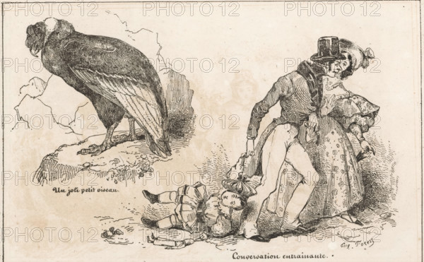A pretty little bird, Entraining conversation, Sitting vulture and a man dragging a child behind him, The little print shop, Small collection of prints, print, album page, Page with two separate illustrations. This print is part of an album., printmaker: Eugène Hippolyte Forest, publisher: Aubert & Cie., Paris, 1834, paper, wood engraving, height 141 mm x width 232 mm, father and child(ren), man and child(ren) (family group), predatory birds: vulture, absence of parental love, A large bird with detailed feather etching stands on a rocky ledge on the left, its head turned slightly downward and showing a curved beak and textured plumage; on the right, a couple dressed in period clothing walk closely together, the man wearing a tall hat and a coat and the woman wearing a bonnet and a patterned dress with puffed sleeves, her hand resting near his arm; beneath them a small child in a dress and bonnet lies on the ground with a doll and a small book nearby; the scene is rendered in fine black...