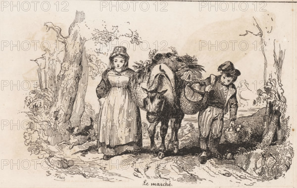 Woman and boy with pack mule, Le marché, Le petit magasin d'estampes, Small collection of prints, print, album page, This print is part of an album., printmaker: Eugène Hippolyte Forest, publisher: Aubert & Cie., Paris, 1834, Eugène Hippolyte Forest, Aubert & Cie., printmaker, publisher, paper, wood engraving, height 141 mm x width 232 mm, ass, donkey, going to the market, A black ink drawing on a light background shows a woman wearing a long dress and a bonnet standing next to an animal burdened with baskets and leafy produce, and a man wearing a hat and striped trousers holding a basket and a strap attached to the animal; both figures stand on a textured ground with scattered foliage and a fallen small animal near the woman's feet, while gnarled tree trunks and leafy shrubs frame the scene on either side.