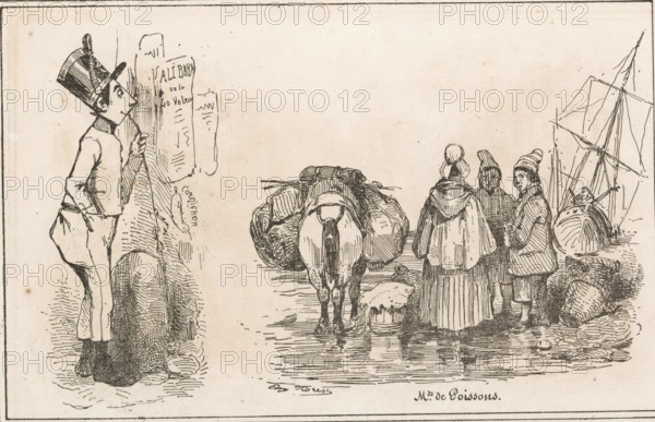Man reading a poster and figures and pack donkey by the sea, Mds de Poissons, Small collection of prints, Le petit magasin d'estampes, print, album page, Page with two separate images. This print is part of an album., printmaker: Eugène Hippolyte Forest, publisher: Aubert & Cie., Paris, 1834, Eugène Hippolyte Forest, Aubert & Cie., printmaker, publisher, paper, wood engraving, height 141 mm x width 232 mm, beach, ass, donkey, poster-pillar, A pen and ink scene shows a man standing at left wearing a tall hat and a jacket, leaning on a long stick and looking toward a wall with papers attached; near him are hanging objects and a rounded rock at his feet. At center a pack animal stands with its rear toward the viewer, loaded with bundles and gear and standing in shallow water with reflections beneath. To the right three figures stand together facing away or in profile, wearing cloaks, hats, and layered clothing, with one figure turning to look toward the viewer. Nearby are baskets, coils o...