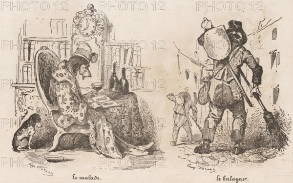 The sick person, The footman, Sick dog in a chair and two street sweepers, Small collection of prints, The small print shop, print, album page, Page with two separate illustrations. This print is part of an album., printmaker: Eugène Hippolyte Forest, publisher: Aubert & Cie., Paris, 1834, paper, wood engraving, height 141 mm x width 232 mm, dog, patient, sick person, animals acting as human beings, street sweeping, street sweeper, A pen-and-ink illustration divided into two scenes shows on the left a seated figure in an ornate high-backed chair wearing a patterned robe and a cap, leaning forward over an open book on a small round table draped with a patterned cloth; on the table are two tall bottles and a filled glass, and a tall decorative clock stands behind the chair with books on shelves nearby while a small dog sits at the seated figure’s knee looking downward and a shallow dish rests on the floor. On the right a standing figure seen from behind wears a broad-brimmed hat, carries...