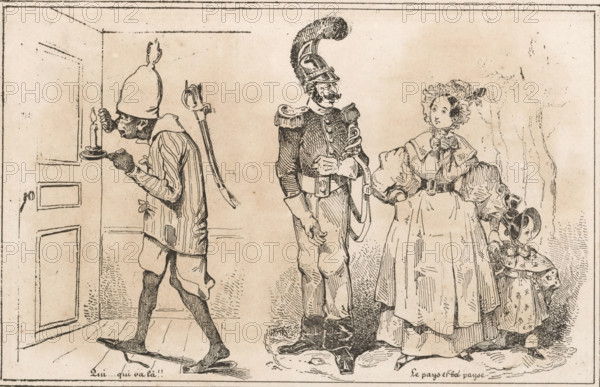 Figure in nightwear and a soldier, woman and child, Le Pays et la Payse, Qui...qui va là!!, Small collection of prints, Le petit magasin d'estampes, print, album page, Sheet with two separate scenes. This print is part of an album., printmaker: Eugène Hippolyte Forest, publisher: Aubert & Cie., Paris, 1834, Eugène Hippolyte Forest, Aubert & Cie., printmaker, publisher, paper, wood engraving, height 141 mm x width 232 mm, the soldier, the soldier's life, nightwear, A pen-and-ink scene on aged paper shows four figures standing indoors near a paneled door and a plain wall. On the left a man in a tall rounded cap and striped shirt leans forward holding a small candle on a shallow holder close to the door, one foot raised on a wooden shoe and a pair of long objects strapped across his back. In the center a man in a decorated uniform with epaulets and a tall feathered helmet stands facing right, one hand resting near his belt and the other holding a curved object at his side. To his right a ...