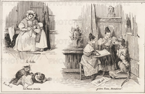 Woman with a child and two girls posing a dog, Posez bien, Monsieur!, Les deux amis, Le bobo, Small collection of prints, Le petit magasin d'estampes, print, album page, Page with three separate illustrations. This print is part of an album., printmaker: Frédéric Bouchot, publisher: Aubert & Cie., Paris, 1834, Frédéric Bouchot, Aubert & Cie., printmaker, publisher, paper, wood engraving, height 141 mm x width 232 mm, dog, training of dogs, friendship between man and animal, caressing, petting, cat, drawing, mother and baby or young child, A sepia-toned ink drawing divided into panels shows a woman seated while adjusting a small child's clothing, both wearing long garments and the woman a cap, with a bench and draped cloth nearby; another scene depicts two girls indoors, one seated at a table holding an open book and the other standing and gesturing toward a large dog that sits upright on a cushion, a vase of flowers on a table behind them and a bust on a high shelf above; a separate vi...