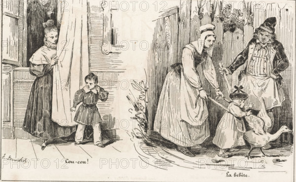 Cou-cou!, Woman and child playing hide-and-seek and woman teaches child to walk, La bebête, Le petit magasin d'estampes, Small collection of prints, print, album page, Page with two separate illustrations. This print is part of an album., printmaker: Frédéric Bouchot, printer (person): Girardet, Paris, publisher: Aubert & Cie., 1834, Frédéric Bouchot, Girardet, Aubert & Cie., printmaker, printer (person), publisher, paper, wood engraving, height 141 mm x width 232 mm, learning to walk, the first steps, hide-and-seek, A black and white ink drawing shows two adjacent scenes. On the left, a woman in a long dress and high collar stands partially behind a curtain at an open doorway, one hand holding the fabric while a small child in a knee-length tunic and short trousers stands nearby looking down and touching the side of the face. Wood-paneled walls and a curtained window frame the doorway. On the right, a taller woman wearing a long dress and a head covering leans forward holding a stick,...
