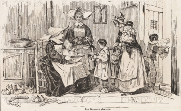 The Good Sisters, Distributing food to the poor, The small print shop, Small collection of prints, print, album page, This print is part of an album., printmaker: Frédéric Bouchot, publisher: Aubert & Cie., Paris, 1834, paper, wood engraving, height 141 mm x width 232 mm, giving alms or other charity, eg: handing out food, A pen-and-ink scene shows a group of women and children in a domestic interior with vertical wall panelling, a crucifix on the wall, and a closed door. A seated woman wearing a wide, pointed headdress and a long dark dress holds a large bowl in her lap and stirs or handles its contents while another standing woman with a different tall headdress and a dark gown looks on with hands folded. A third woman wearing an apron and carrying a bundle on her back stands near two children; one child holds a bowl while the other child stands at the door holding a steaming bowl. A wooden cupboard and bowl with a spoon sit to the left, and peeled vegetable skins and discarded piece...