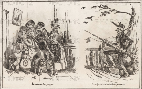 Man greeted by his family upon returning home and a hunter, Un fusil qui n'éclate jamais, Le retour du papa, Small collection of prints, Le petit magasin d'estampes, print, album page, Page with two separate illustrations. This print is part of an album., printmaker: Eugène Hippolyte Forest, printmaker: Frédéric Bouchot, publisher: Aubert & Cie., Paris, 1834, paper, wood engraving, height 141 mm x width 232 mm, hunter, father and child(ren), man and child(ren) (family group), father-love, A black and white ink drawing shows a crowded interior scene on the left with several people gathered by a doorway, including a heavyset man wearing a hat and coat, a woman in a dress with ribbons in her hair, a child clutching a round object and a small dog at their feet; a framed picture hangs askew on the wall and a bottle sits on a ledge behind the group. On the right, a lanky man wearing a peaked cap and coat sits on a wooden fence or railing holding a long riflelike object that rests across his ...