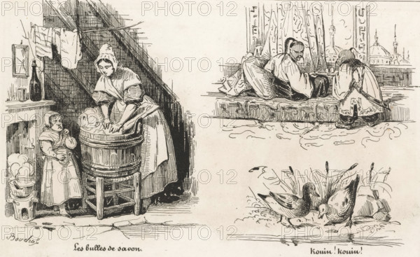 The soap bubbles, Child blowing soap bubbles, two men in Chinese costume and two ducks, Kouin! Kouin!, Small collection of prints, The small print shop, print, album page, Page with three separate illustrations. This print is part of an album., printmaker: Frédéric Bouchot, publisher: Aubert & Cie., Paris, 1834, paper, wood engraving, height 141 mm x width 232 mm, bubble-blowing (children's games and plays), soap-bubble, A monochrome ink drawing divided into panels showing domestic and outdoor scenes; on the left a woman in a long dress and head covering leans over a wooden tub, hands in the water, while a small child in a bonnet stands nearby holding a round object and looking up; nearby are a bottle on a shelf, a bucket with bubbles, hanging cloths, a framed picture on the wall, and angled ceiling beams. On the upper right a reclining figure rests on cushions by a window while another figure kneels beside them, draped fabrics and a distant skyline with domed and spired buildings visi...