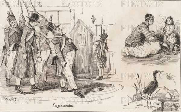 Soldiers on patrol, child by a hookah and a stork, La patrouille, Le petit magasin d'estampes, Small collection of prints, print, album page, Page with three separate illustrations. This print is part of an album., printmaker: Frédéric Bouchot, publisher: Aubert & Cie., Paris, 1834, Frédéric Bouchot, Aubert & Cie., printmaker, publisher, paper, wood engraving, height 141 mm x width 232 mm, the soldier, the soldier's life, shore-birds and wading-birds: stork, water-pipe, hookah, narghile, A pen-and-ink scene shows a group of uniformed soldiers standing and walking near a small wooden sentry hut, their uniforms including tall hats, sashes, and long coats, with one soldier standing rigid beside the hut holding a long pole or musket and another leaning back with a rounded belly and hand at his chest as he looks upward; to the right a seated man in a striped shirt and loose trousers faces a small child who stands holding a string attached to a toy or object near the ground, and below them a...