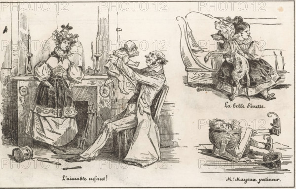 La belle Finette, Family, girl with dressed-up dog and fallen skater, L'aimable enfant!, Mr. Mayeux patineur, Small collection of prints, Le petit magasin d'estampes, print, album page, Page with three separate illustrations. This print is part of an album., printmaker: Eugène Hippolyte Forest, printmaker: Frédéric Bouchot, publisher: Aubert & Cie., Paris, 1834, paper, wood engraving, height 141 mm x width 232 mm, dog, skates (winter sports) (accident (in sports, games, etc.)), descendant, A pen-and-ink scene showing a seated man holding a small child up in front of him while a woman in a voluminous dress and ornate bonnet stands nearby with her hands at her waist, a room interior with tall candlesticks and a fireplace behind them, a tipped bucket and scattered utensils on the floor, and to the right two girls on a bench with one girl holding a small dog as they both look toward the left while a fallen man lies on his back below them with his legs raised and a hat beside him.