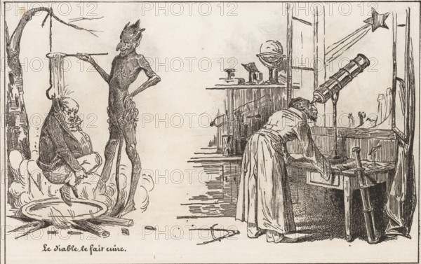 The Devil Tortures a Man Over a Fire and Astronomer with Telescope, The Small Print Shop, Small collection of prints, print, album page, Page with two separate illustrations. This print is part of an album., printmaker: Eugène Hippolyte Forest, printmaker: Frédéric Bouchot, publisher: Aubert & Cie., Paris, 1834, paper, wood engraving, height 141 mm x width 232 mm, telescope, devil or demons attacking mortals, astronomy (and cosmography), A pen-and-ink illustration divided into two scenes shows a thin, horned, imp-like figure standing with one hand on its hip and the other holding a long stick under a limp human cloak suspended from a low tree branch, while a seated man with a round, worried face and a heavy coat sits on a cushion over a shallow pan above a small fire; to the right, a woman leans over a wooden workbench, peering through a long telescope angled out a window toward a star, with various tools and objects on the bench and a large sword propped against the workbench side.