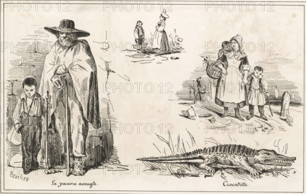 The poor blind man, Blind beggar, woman with children and a crocodile, Crocodile, Small collection of prints, The small print shop, print, album page, Page with four separate illustrations. This print is part of an album., printmaker: Frédéric Bouchot, publisher: Aubert & Cie., Paris, 1834, paper, wood engraving, height 141 mm x width 232 mm, beggar, blind, blindness, A detailed black and white ink drawing shows a scene with several figures and a large reptile. On the left an older person wearing a wide-brimmed hat and a long cloak stands with a staff in hand and a small container hanging from the other hand, and a young boy stands beside them holding a stick and a small sack. In the upper center a woman in a long dress and hat stands facing a smaller figure who is near a basin. On the right a woman in a dress and apron carries a basket and holds the hand of a young child who leans on a stick while another small child clings to the woman's back. In the lower right a large crocodile-lik...