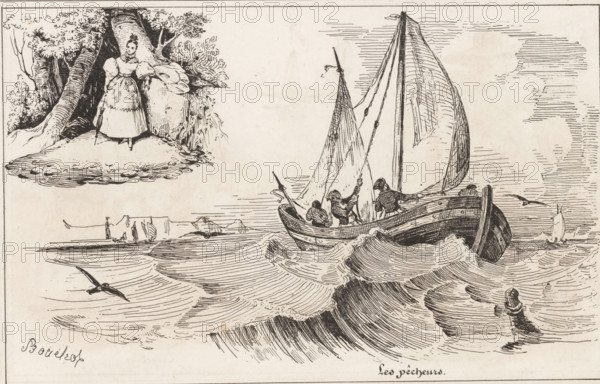 The Fishermen, Forest landscape with woman and fishing boat at sea, Small collection of prints, Le petit magasin d'estampes, print, album page, Page with two separate images. This print is part of an album., printmaker: Frédéric Bouchot, publisher: Aubert & Cie., Paris, 1834, Frédéric Bouchot, Aubert & Cie., printmaker, publisher, paper, wood engraving, height 141 mm x width 232 mm, sailing-ship, sailing-boat, forest, wood, A pen-and-ink illustration showing a sailing boat on choppy water with its sails unfurled and rigging lines visible, three figures aboard handling the sails and tiller, splashing waves with curved, textured lines, a smaller distant sailboat on the horizon, a bird flying above the water, and a separate inset scene in the upper left of a woman in a voluminous dress standing among trees and foliage on a small patch of ground.