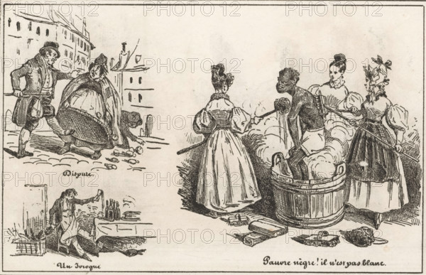 Un Ivrogne, Pauvre nègre! il n'est pas blanc., Dispute, Drinking man at the table and women washing a man in a tub, Small collection of prints, Le petit magasin d'estampes, print, album page, Sheet with three separate scenes. This print is part of an album., printmaker: Eugène Hippolyte Forest, printmaker: Frédéric Bouchot, publisher: Aubert & Cie., Paris, 1834, paper, wood engraving, height 141 mm x width 232 mm, washing and bathing, A black and white line drawing showing several small scenes: on the left a man wearing a hat and coat stands with one foot forward and an outstretched arm toward a heavyset woman in a long dress and cloak who leans back and looks toward him while objects lie on the ground beside her; below them a seated figure holds a bottle and gestures among scattered items and a basket; on the right a scene of three women in long dresses and puffed sleeves standing around a large wooden tub filled with suds and a man who is partially immersed in the tub, one woman seen...