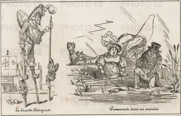 Promenade in a marsh, The Polichinel family, Stilt walker and travelers stranded in a swamp, Small collection of prints, The small print shop, print, album page, Page with two separate illustrations. This print is part of an album., printmaker: Eugène Hippolyte Forest, printmaker: Frédéric Bouchot, publisher: Aubert & Cie., Paris, 1834, paper, wood engraving, height 141 mm x width 232 mm, swamps and polders, 'en route', traveller under way (accident, collision, crash, traffic and transport), (walking on) stilts, A black and white ink illustration divided into two scenes shows on the left a tall figure on stilts wearing a large hat and carrying a long staff, with smaller figures also on stilts and buildings faintly sketched behind them; on the right a swamp scene depicts a woman in a dress and bonnet seated in shallow water near a broken cart and a small horse, and a man wearing a top hat and coat sitting with one leg bent, surrounded by reeds and water, with simple line shading through...