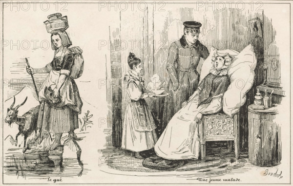Woman with goat and sick woman in chair, Le gué, Une jeune malade, Le petit magasin d'estampes, Small collection of prints, print, album page, Page with two separate images. This print is part of an album., printmaker: Frédéric Bouchot, publisher: Aubert & Cie., Paris, 1834, Frédéric Bouchot, Aubert & Cie., printmaker, publisher, paper, wood engraving, height 141 mm x width 232 mm, goat, patient, sick person, A black and white line drawing shows two separate scenes side by side within a bordered frame. On the left, a young woman stands on a rocky shoreline holding a staff and wearing a dress with an apron, a backpack, and a stack of round baskets balanced on her head; a goat stands beside her on the rocks with its head lowered toward the water. On the right, an indoor scene depicts a seated woman reclining against a large pillow on an ornate chair, wearing a bonnet and a full dress, with one hand resting on the arm of the chair and a foot on a braided rug; a girl in a pinafore offers a...