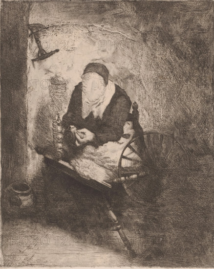 Woman at the spinning wheel, print, annotation: '1 une fileuse par Baerckmans', annotation: 'état Baerckmans 11 ?', printmaker: attributed to Baerckmans, c. 1850 - in or before 1909, Attributed to, paper, etching, intaglio printmaking technique, etching with plate tone, proof print, height 357 mm x width 210 mm, Date of artist's death unknown. Therefore, the date of acquisition has been used to determine the rights to this object., spinning-wheel, An etching in muted tones shows an elderly woman seated and hunched over, wearing a dark dress with a light collar and a head covering, her face rendered with soft, indistinct lines; she holds something small in her hands near her lap. A wooden spinning wheel with spokes and a turned handle is beside her, and a bundle of twisted cords or yarn hangs nearby. The background and surrounding surfaces are textured with crosshatched shading, and a small rounded container rests on the floor near the lower left corner.
