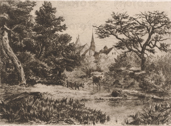 Landscape with a woman scooping water from the brook, print, printmaker: Edgar Alfred Baes (signed by artist), 1847 - 1909, paper, etching, drypoint, intaglio printmaking technique, height 180 mm x width 249 mm, prospect of village, silhouette of village, brook, A sepia-toned etching depicting a pastoral riverside scene with dense trees framing a view of rooftops and a tall spire in the distance, a group of cows standing and wading near a shallow stream, a figure seated at the water’s edge, and varied grasses and bushes in the foreground, all rendered with fine crosshatching and detailed line work.