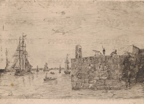 Harbour of La Goulette, Souvenirs from Tunis, print, printmaker: Vicomte Arthur-Jean Le Bailly d'Inghuem, 1875, Vicomte Arthur-Jean Le Bailly d'Inghuem, paper, etching, intaglio printmaking technique, etching with plate tone, height 178 mm x width 245 mm, Part of a series of twelve prints., sailing-ship, sailing-boat, pier, quay, wharf, North Africa, Tunis, La Goulette, A wide sketched scene of a harbor with several sailing ships and small boats on calm water, a large multi-masted ship on the left, and smaller vessels scattered across the middle ground; on the right a tall stone quay or fortification rises with textured blockwork, atop which figures stand and lean near mounted cannons and a cylindrical structure, all rendered in fine hatched lines on a light, slightly aged paper background.