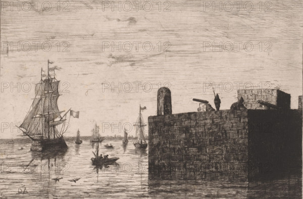 Harbour of La Goulette, Souvenirs from Tunis, print, printmaker: Vicomte Arthur-Jean Le Bailly d'Inghuem, 1875, Vicomte Arthur-Jean Le Bailly d'Inghuem, paper, chine collé, etching, intaglio printmaking technique, roulette, plate tone and roulette, height 186 mm x width 259 mm, Part of a series of twelve prints., sailing-ship, sailing-boat, pier, quay, wharf, North Africa, Tunis, La Goulette, A wide horizontal scene shows a body of water with several sailing ships and small rowboats, the largest ship on the left with tall masts and furled sails, its reflection visible in the water. Near the center and toward the background are additional ships and boats with flags on their masts and tiny figures aboard. On the right a tall stone or brick quay rises from the water, its textured surface drawn with dense crosshatching. Atop the quay are silhouettes of figures and objects, including a person standing near the edge and a cannon or long barrel pointing outward, as well as a rounded bollard o...
