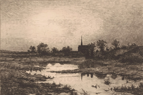 Village church in the evening, near a lake, print, printmaker: Emile de Baré, 1865 - 1902, paper, etching, intaglio printmaking technique, height 190 mm x width 278 mm, landscapes in the temperate zone, parts of church exterior and annexes: tower, A monochrome etched landscape showing a calm body of water in the foreground with marshy banks and clumps of grass, a reflective surface that mirrors darker shapes, a midground silhouette of trees and a building with a tall spire rising above the treeline, and a wide sky filled with fine, crosshatched lines and wispy cloudlike markings.