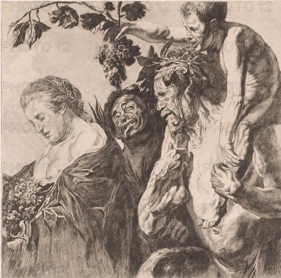 Bacchantes, satyr and woman with grapes, print, printmaker: Charles Théodore Bernier (signed by artist), after painting by Jacques Jordaens, 1881 - 1909, paper, etching, intaglio printmaking technique, etching with plate tone, height 264 mm x width 274 mm, satyr(s) (in general), bunch of grapes, attributes of Bacchus, A close view of a detailed monochrome etching showing four human figures closely grouped, each with distinct facial expressions and textured hair; one figure on the left has braided hair and a serene downward gaze while holding a cluster of round fruits, a darker-skinned central figure tilts the head back with an open mouth and raised palms partially visible, an older bearded figure faces downward with furrowed features and a hand clutching a draped garment, and a muscular figure on the right leans over the group with a focused expression and visible feet resting on another figure; above them a vine with leaves and hanging fruit extends across the top, and the composition...