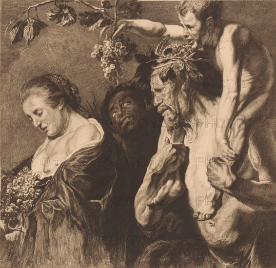 Bacchantes, satyr and woman with grapes, print, printmaker: Charles Théodore Bernier, after painting by Jacques Jordaens, 1881 - 1909, paper, etching, intaglio printmaking technique, roulette, plate tone and roulette, height 255 mm x width 275 mm, satyr(s) (in general), bunch of grapes, attributes of Bacchus, A detailed sepia-toned engraving shows a cluster of four figures closely grouped; a young woman on the left with braided hair and a downcast gaze exposes part of her shoulder and chest while holding a bunch of round fruit; beside her a dark-skinned face looks upward with wide eyes and parted lips; an older bearded man with deep wrinkles and a laurel wreath leans forward with a furrowed expression and his hands near his chest; above them a thin, muscular figure crouches, extending an arm to hold a hanging bunch of fruit and with legs and feet visible over the older man's shoulder; foliage and a branch with leaves appear at the top, and draped garments create flowing dark folds arou...