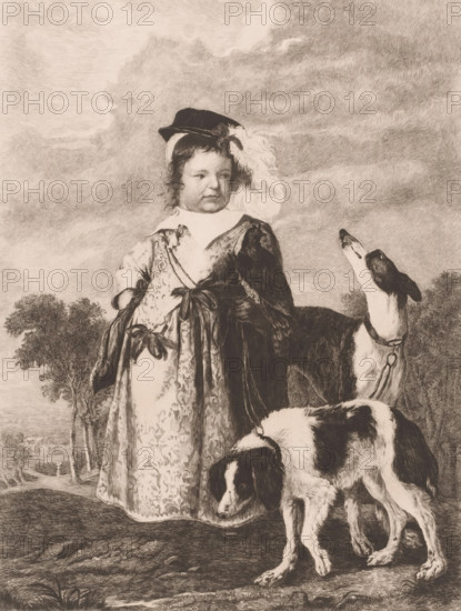 Portrait of an unknown child with two dogs, print, printmaker: Charles Théodore Bernier (signed by artist), after painting by Anthony van Dyck, 1890, paper, etching, height 270 mm x width 216 mm, historical persons, dog, child, A young child stands wearing a patterned dress with a large collar and a dark cloak draped over one shoulder, a hat adorned with a plume sits on the child's head, and the child's hair is curly around the face; two dogs stand nearby, one with its head lowered sniffing the ground and the other with its head raised looking upward, both showing patches of dark and light fur and collars; the background shows textured sky with cloud-like shading and distant trees along a landscape.