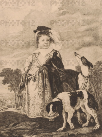 Portrait of an unknown child with two dogs, print, printmaker: Charles Théodore Bernier (signed by artist), after painting by Anthony van Dyck, 1890, paper, etching, height 268 mm x width 219 mm, historical persons, dog, child, A young child stands wearing a patterned robe with a tied sash and a dark hat topped with a large feather, hair curling at the sides and a neutral facial expression, a dark bird perched on the child's gloved arm, and two dogs nearby with one sniffing the ground and the other looking upward, all set against a textured sky and a landscape with trees in the background.
