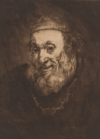 Head of an old man, print, printmaker: Charles Théodore Bernier (signed by artist), after painting by Rembrandt van Rijn, 1887, paper, etching, drypoint, intaglio printmaking technique, plate tone and drypoint, height 292 mm x width 214 mm, old man, A sepia-toned engraved portrait of an elderly man shown from the shoulders up, with a furrowed forehead, deep-set eyes, a long hooked nose, and a full beard and mustache; he wears a rounded cap and a dark robe, and a chain or necklace is partially visible around his neck, while the background is filled with closely spaced diagonal hatch marks.