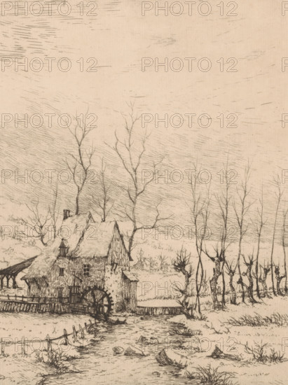 Winter landscape with watermill, print, annotation: '1st Etat. 1er Epreuve', printmaker: Aristide de Biseau (signed by artist), 1854 - 1883, paper, etching, intaglio printmaking technique, height 275 mm x width 228 mm, watermill in landscape, A sepia-toned ink drawing shows a rustic watermill with a thatched roof and visible wooden beams, its large wheel partially submerged at the edge of a narrow stream; leafless, spindly trees rise behind and beside the mill, their thin branches reaching into a sky streaked with short, parallel hatch marks; a simple wooden fence parallels the stream, and low tufts of grass and scattered rocks dot the foreground along the water’s edge.