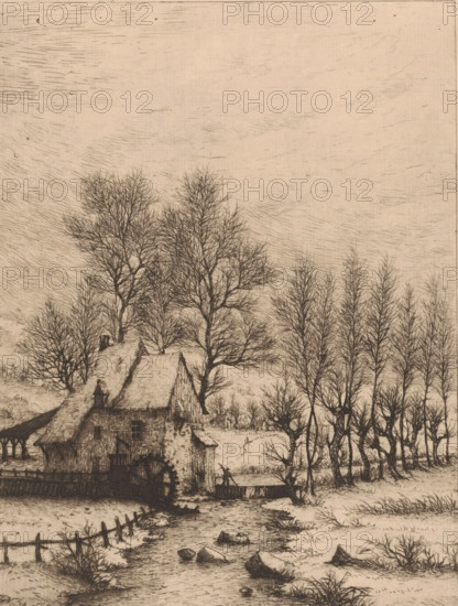 Winter landscape with watermill, print, annotation: '5eme Etat 1ere Epreuve', printmaker: Aristide de Biseau (signed by artist), 1854 - 1883, paper, etching, drypoint, intaglio printmaking technique, height 276 mm x width 218 mm, watermill in landscape, A monochrome sketch shows a rural scene with a thatched building by a narrow winding stream, the building featuring textured walls and small windows and a visible waterwheel at its side. Bare trees with intricate, fine branches rise behind and beside the building, forming a dense stand to the right and scattered taller specimens to the left. A simple fence follows the stream near the foreground, with rocks and clumps of grass along the water’s edge. The sky above is filled with soft, horizontal hatch marks and light textural strokes.