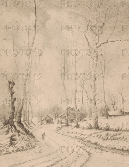 Hiver à Auderghem (Belgique), Winter landscape near Oudergem, print, annotation: 'epreuve unique', printmaker: Aristide de Biseau (signed by artist), 1854 - 1883, paper, etching, intaglio printmaking technique, height 315 mm x width 236 mm, forest path or lane, Oudergem, A tall, narrow scene rendered in fine, delicate lines showing a path curving through a quiet, sparse landscape with tall, bare trees rising on either side; a few simple, weathered wooden buildings with pitched roofs stand among the trees in the middle distance, and a smaller structure sits farther back; the foreground shows exposed roots and textured bark on a large tree stump at the left, a shallow ditch or stream running alongside the road at the right, and faint tracks in the dirt; a solitary small figure walks along the path carrying a bundle or stick; the sky is pale and crosshatched, and the overall image is monochrome with subtle variations in tone.