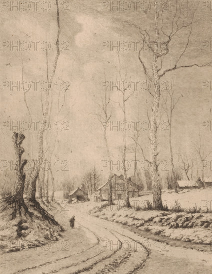 Winter at Auderghem (Belgium), Winter landscape near Auderghem, print, printmaker: Aristide de Biseau (signed by artist), 1854 - 1883, paper, etching, intaglio printmaking technique, height 314 mm x width 236 mm, forest path or lane, Auderghem, A monochrome landscape drawing showing tall, slender trees with bare branches rising from the ground, a winding dirt road with visible ruts curving through the scene, and a small figure walking along the road carrying something in one hand. Near the road are exposed tree roots and a low embankment, and farther back are several simple wooden buildings with pitched roofs surrounded by more leafless trees. The sky appears textured with faint cloud-like shading and the overall scene is rendered in fine, detailed line work.