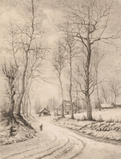 Winter at Auderghem (Belgium), Winter landscape near Auderghem, print, printmaker: Aristide de Biseau (signed by artist), 1854 - 1883, paper, etching, intaglio printmaking technique, height 314 mm x width 236 mm, forest path or lane, Auderghem, A monochrome landscape showing tall leafless trees with intricate branches rising against a pale sky, a winding dirt road with visible ruts leading toward a cluster of rustic wooden buildings, a small figure walking on the road carrying a bundle, exposed tree roots on a sloped roadside, patches of grass and low vegetation along the field edges, and a calm, rural scene rendered in fine, detailed lines.