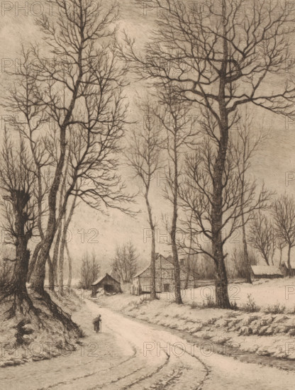 Winter landscape near Auderghem, Hiver à Auderghem (Belgium), print, printmaker: Aristide de Biseau (signed by artist), 1854 - 1883, paper, etching, intaglio printmaking technique, height 314 mm x width 236 mm, forest path or lane, Auderghem, A monochrome scene showing tall bare trees with intricate branching rising against a textured sky, a winding dirt path curving through the foreground with visible ruts, a small figure standing on the path, clustered rustic wooden buildings among the trees including a larger timber structure and smaller outbuildings, uneven ground with tufts of grass and exposed roots near a tree base, and distant leafless trees filling the background.